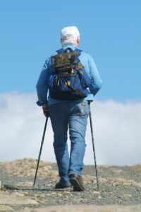 un escursionista pratica nordic walking su un sentiero di montagna
